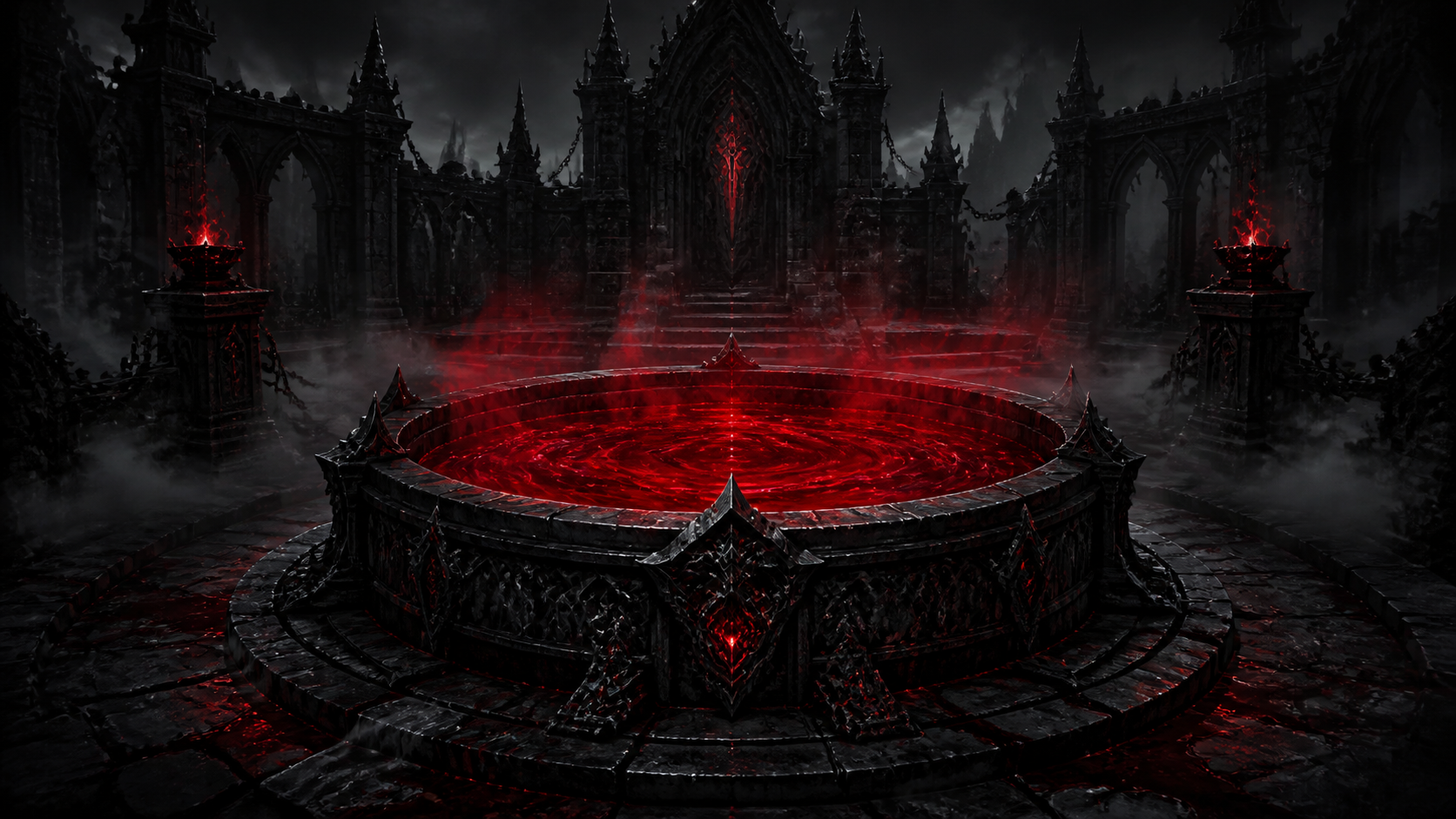 A dark stone Blood Well filled with crimson light
